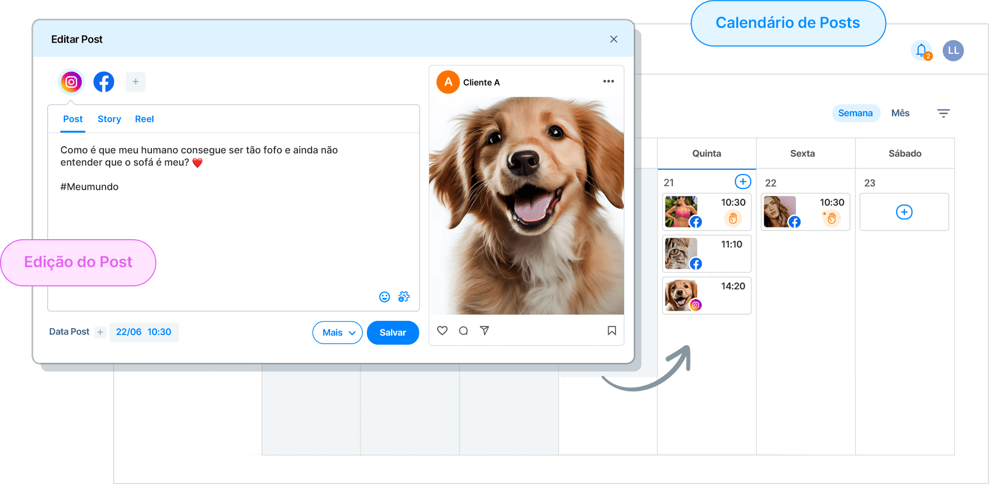 Screenshot do calendário de agendamento de posts no Hype Social
