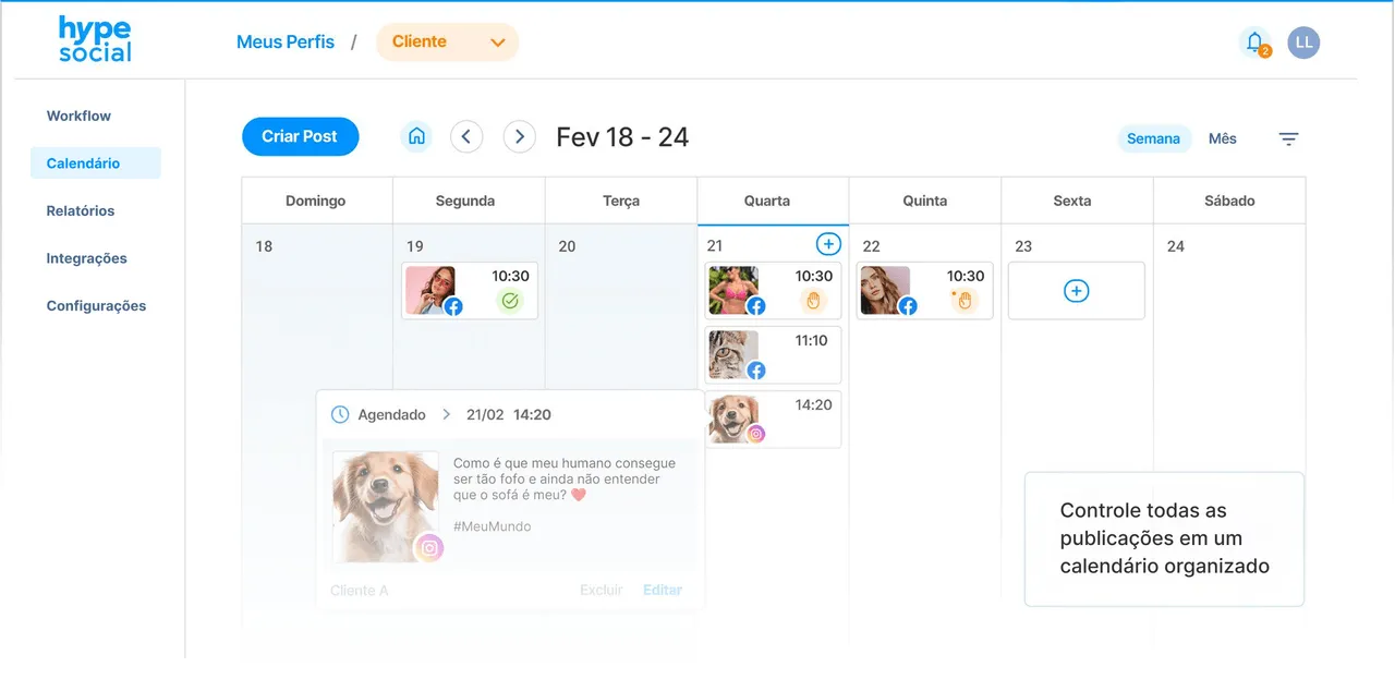 Painel do Hype Social para gestão e agendamento de redes sociais